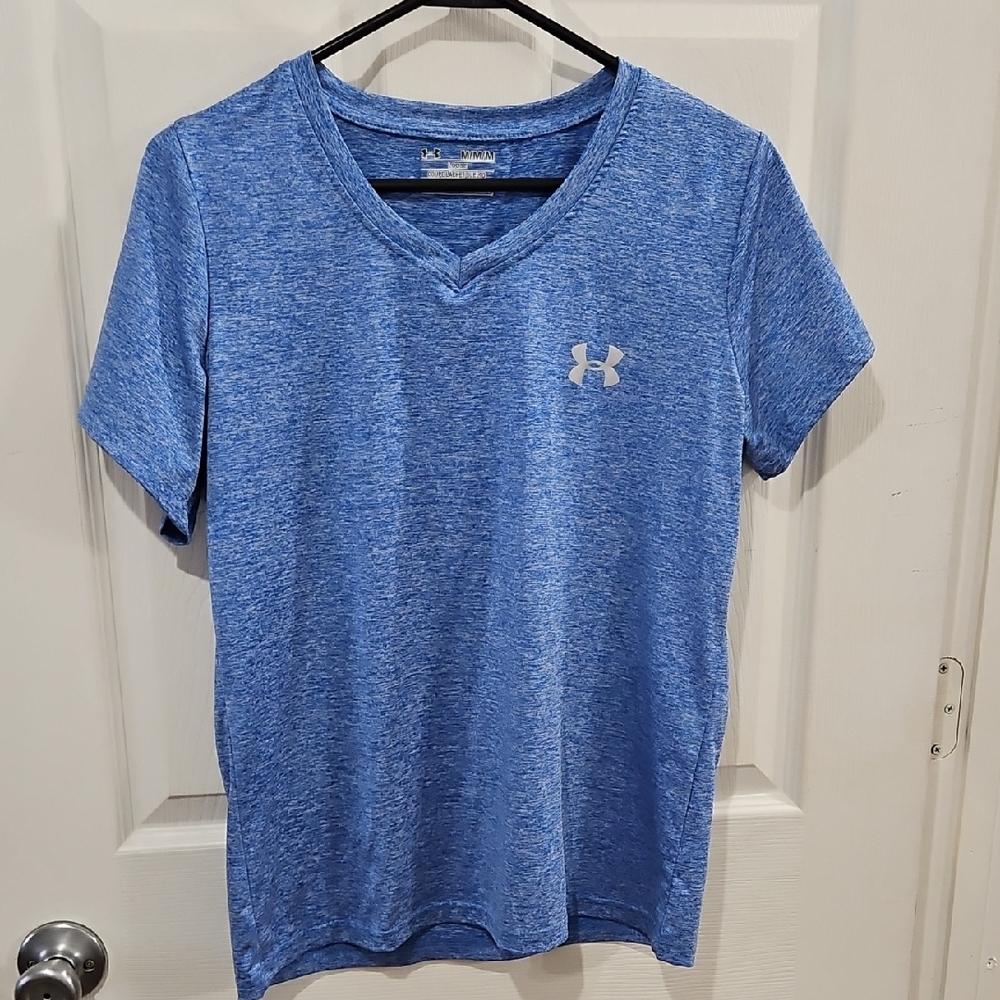 Under Armour Heather Blue V Neck Short Sleeve Logo Tee M Athleisure